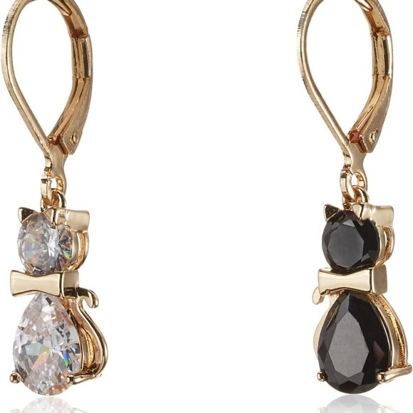 Mismatched Cat Drop Earrings CZ Stones Gold-Tone Lever Back Jewelry - Picture 1 of 3